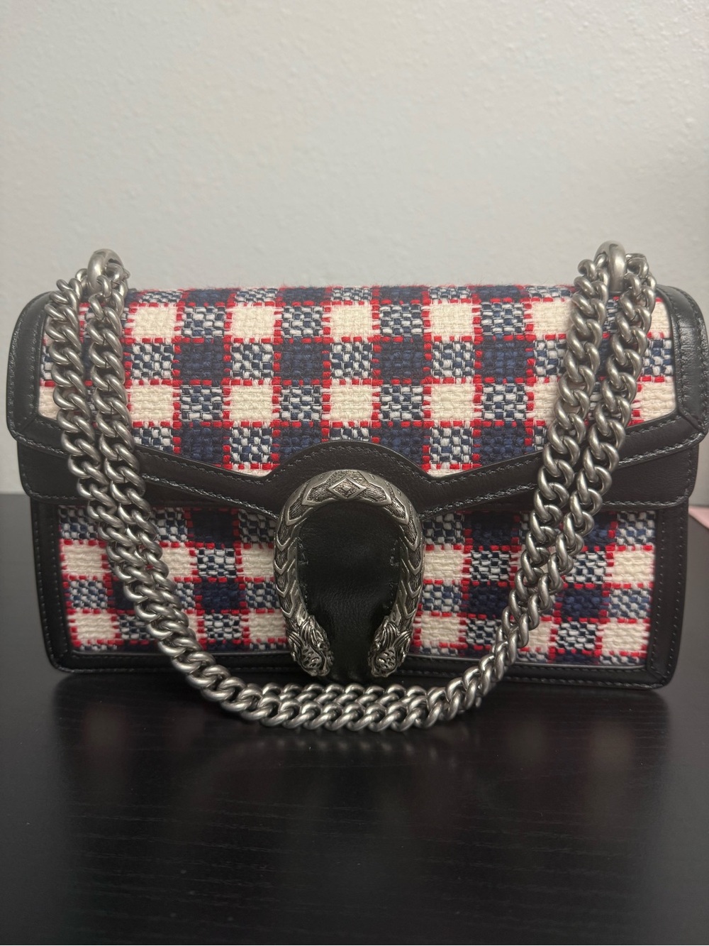 Gucci Red Navy Cream Check Shoulder Bag with Silver Chain